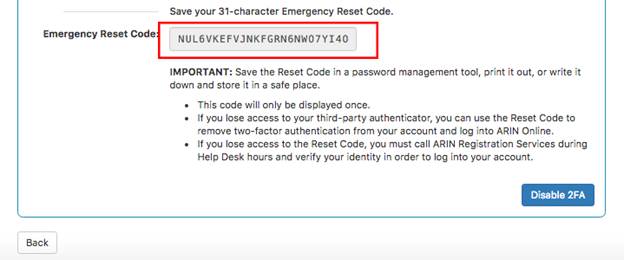 two factor authentication screen showing emergency reset code