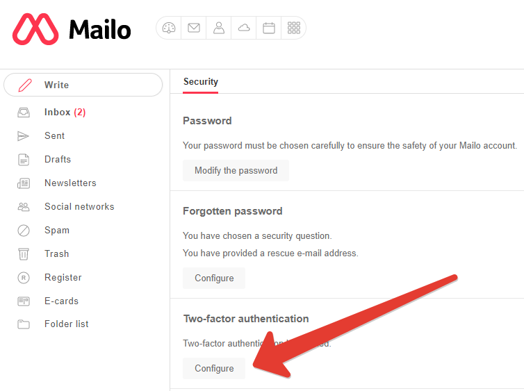 Mailo two-factor authentication using Token2 programmable tokens